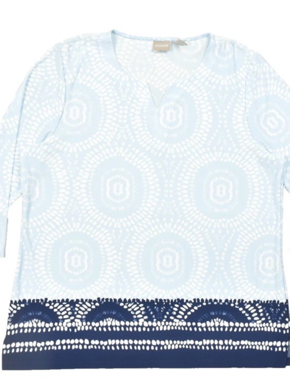 Chico's Blue & White Geometric Tunic Top Size 3 fits like L, V-Neck 3/4 Sleeves